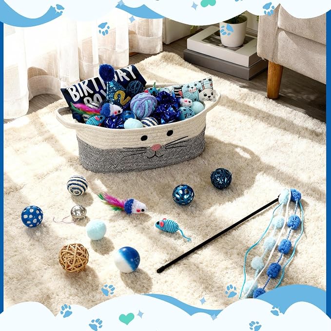 Zopeal 38 Pcs Graduation Cat Toy Set Interactive Cat Toys Pack Including Cats Gift Basket Feather Teaser Wand Plush Gift Outfit Mice Crinkle Balls and Pet Bell Balls, Puzzle for Indoor(Blue)