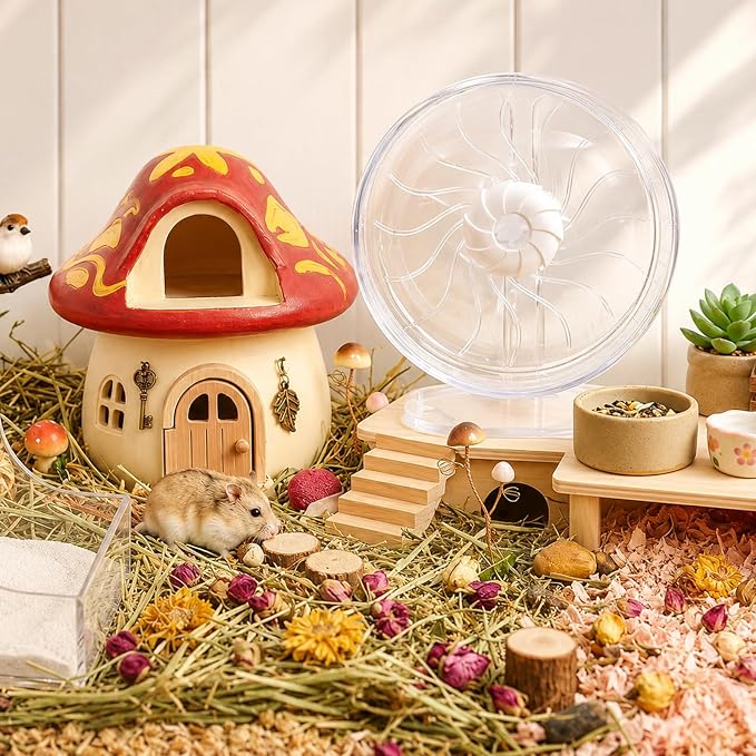 Silent Hamster Wheel, 8in Hamster Wheel with Adjustable Stand, Double-Bearing Quiet Spinner for Syrian Hamsters, Hedgehogs, Mice & Small Pets, Clear