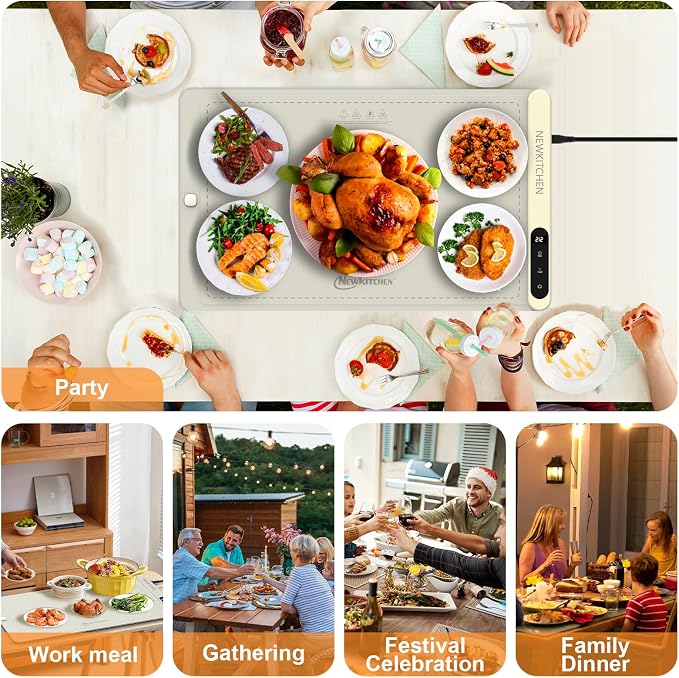 NEWKITCHEN Warming Mat for Food, (XL 24"x15") Food Warming Mat for Countertop 6 Temp 6 Hour Settings Upgrade Graphene Fast Full Surface Heating -Versatile Food Warmer for Gatherings, Parties