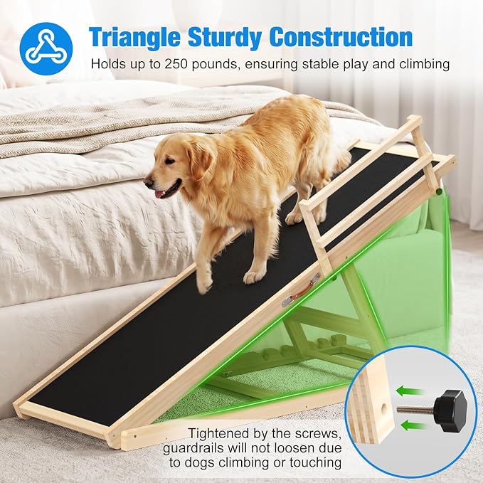 Tresbro Dog Ramp for High Bed, 55.11'' Long 19.3''-27.17'' Adjustable Height Pet Ramp with Anti-Slip Mat & Side Rails, Wooden Portable Ramp for Small to Large Dogs to Get on Bed, Couch, Up to 200LBS
