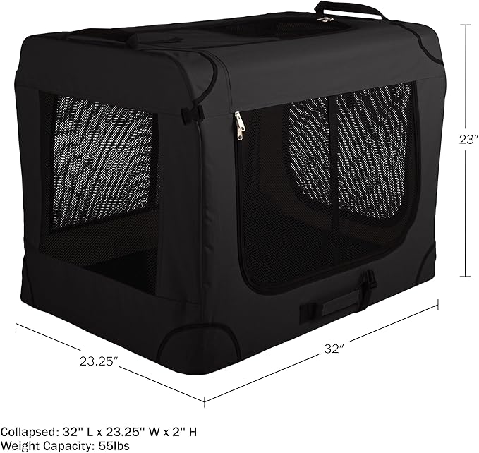 Soft Dog Crate - 32x23.25x23 Collapsible Dog Crate for Medium Pets - Portable Travel Pet Crate with 3 Doors, Mesh Windows, and Removable Divider - Travel Accessories by PETMAKER (Black)