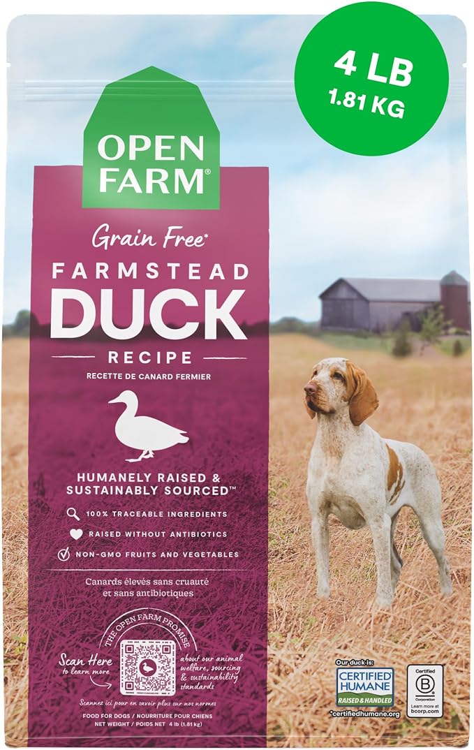 Open Farm, Grain-Free Dry Dog Food, Complete & Balanced Kibble, Sustainably & Ethically Sourced Ingredients, Non-GMO Veggies & Superfoods to Support Overall Health, Farmstead Duck Recipe, 4lb Bag