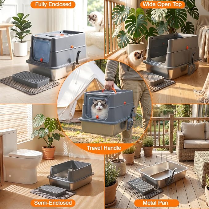 XLarge Stainless Steel Litter Box with Flip Top Lid, High Sided Enclosed Metal Cat Litter Pan, Dog Proof Odor Control Easy Clean, Includes Litter Mat & Scoop, Step Pedal, Carbon Filter, Gray-XL