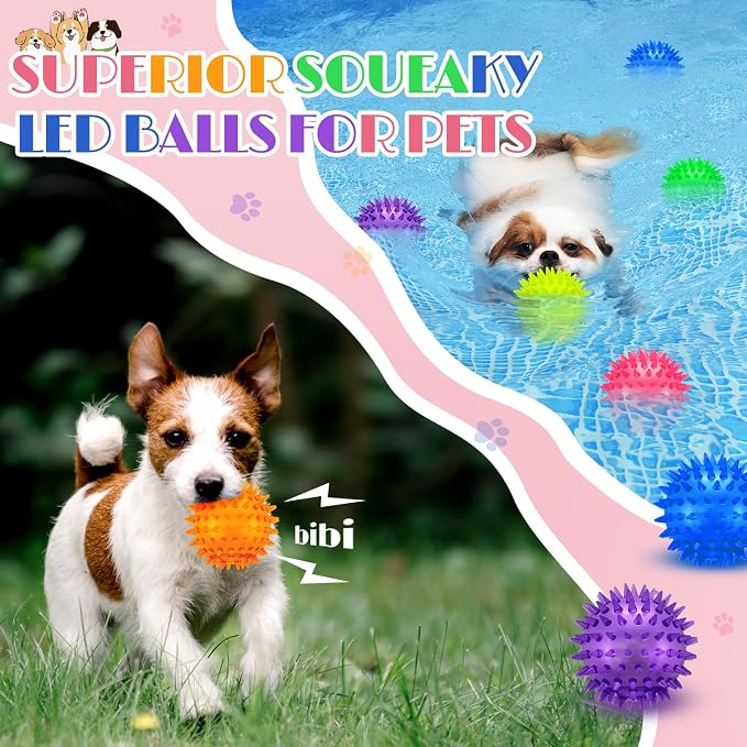 12 Pcs 2.56" Light up Squeaky Dog Balls LED Spiky Dog Toys Ball Durable Interactive Glow Fetch Balls Puppy Chew Toys for Small Medium Pet Clean Teeth