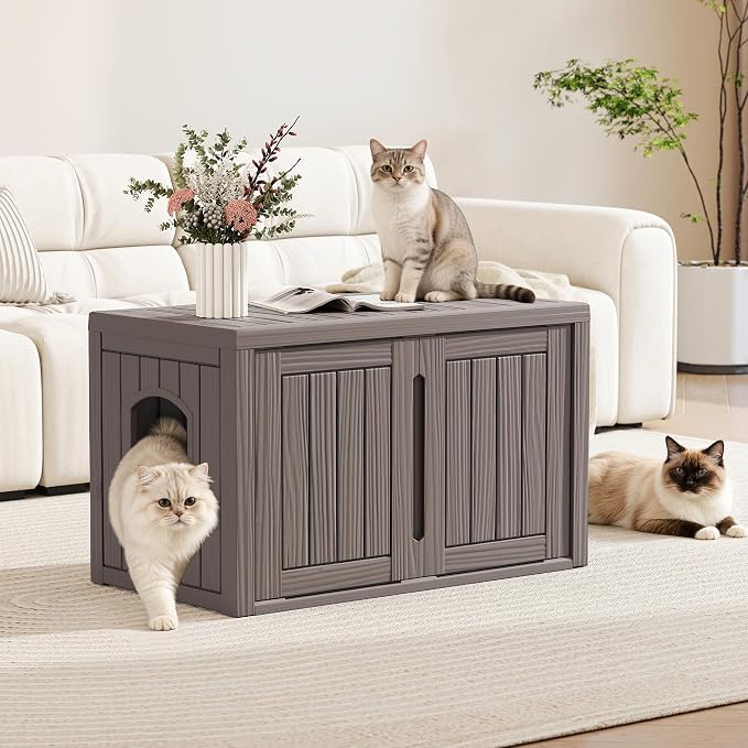 Cat Litter Box Enclosure, Multi-Functional Hidden Enclosed Litter Box Furniture with Adjustable Partition, Indoor Outdoor Cat House Weatherproof, Side Table, Easy to Clean & Assemble, Grey