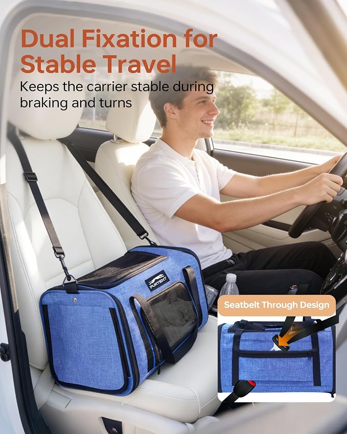 17x11x9.5 Pet Carrier Airline Approved, Cat Carrier with Litter Box, Soft Sided Cat Dog Carrier Up to 15 lbs, Breathable Travel Pet Carrier with Calming Curtain, Storage Bag & Poop Dispenser, Blue