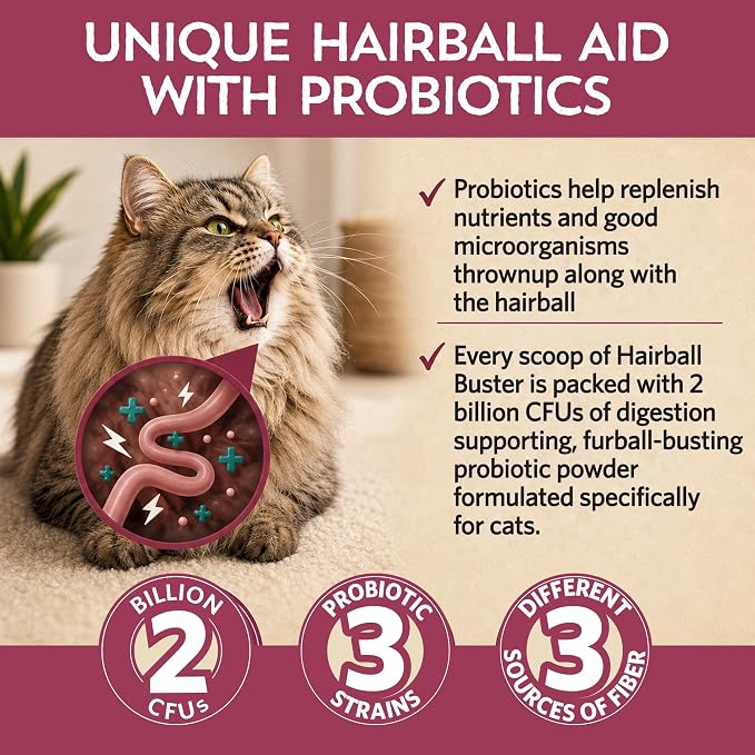 Hairball Buster Powder for Cats, Cat Hairball Treatment with Probiotics, Fiber & Omega 3, Digestive Support, Smoked Fish Flavor, 2 Billion CFU, 30 Servings - Pack of 2