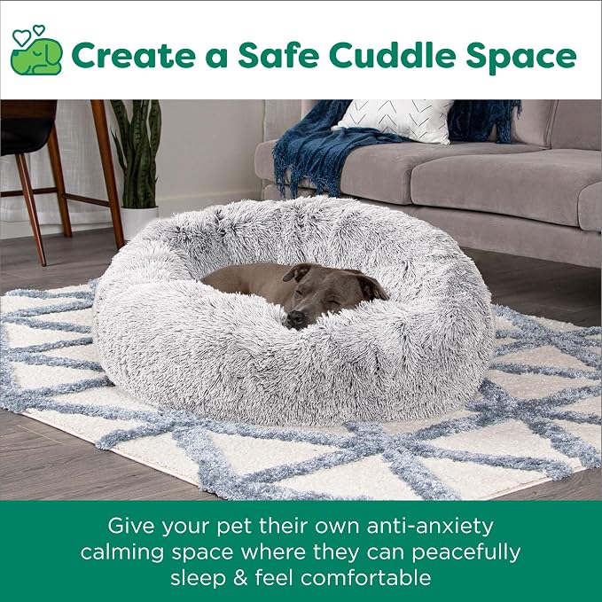 Furhaven 30" Round Calming Donut Dog Bed for Medium/Small Dogs, Refillable w/ Removable Washable Cover, Up to 45 lbs - Shaggy Plush Long Faux Fur Donut Bed -Mist Gray, Medium,30.0"L x 30.0"W x 10.0"Th