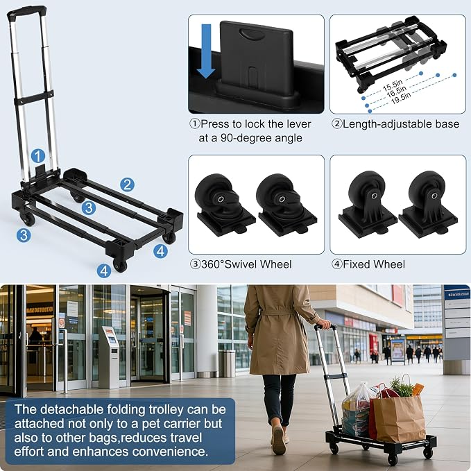 Pet Carrier with Wheels for Cats & Small Dogs, Airline Approved Cat Carrier, Expandable Soft Sided Pet Travel Carrier with Removable Trolley, Mesh Ventilation, Includes Water Bottle & Collapsible Bowl