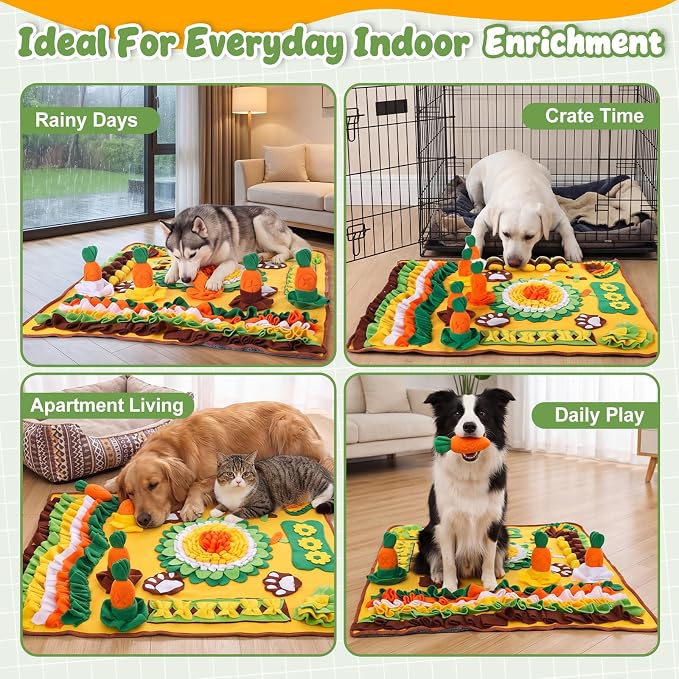 Hsei Large Snuffle Mat for Dogs Set 40'' x 30'' Colorful Nosework Feeding Mat with 5 Squeaky Carrots Cotton and 1 Cotton Rope Toy Interactive Foraging Puzzle for Stress Relief Slow Feeding