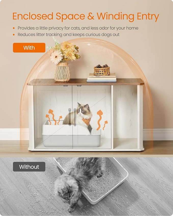 Feandrea Litter Box Enclosure, Modern Cat Litter Box Furniture Hidden, Front Entry, Double Doors, Handles, Cat House, Side End Table, 33.5 x 19 x 19.5 Inches, Honey Brown and Rustic White UPCL012K01