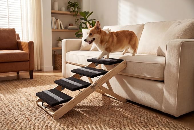 Wooden Dog Ramp for Bed and Couch, 4 Adjustable Heights Folding Pet Ramp with High Traction Fabric Surface, Portable Solid Pine Wood Dog Steps for Couch, Max 25KG (X Trumpet)