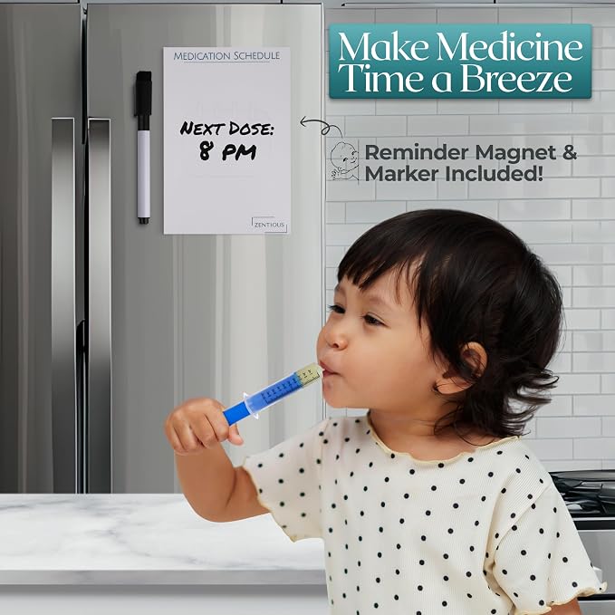 Mess-Free Liquid Medicine Dispenser System for Kids & Pets - Oral Syringe with Bottle Adapter - No Spills, No Waste - With Medication Reminder Log and Marker | Zentious