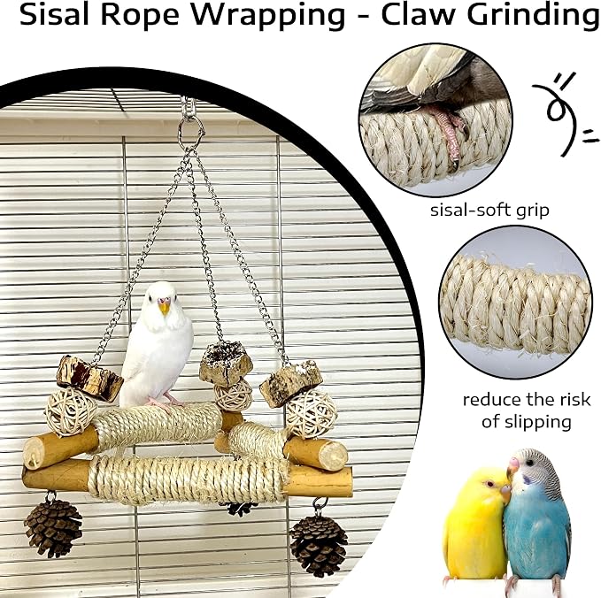 2pc Spinner Toys and 3-Sisal Perch Swing Set – Interactive Wooden Chew Toys with Bells and Balance Training for Parakeets Cockatiels Conures Lovebirds Quaker