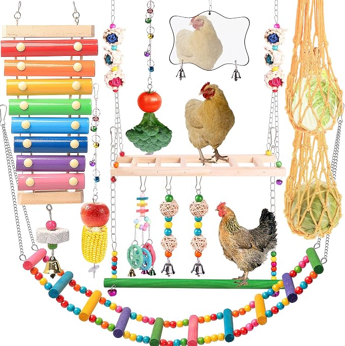 Chicken Toys for Coop 12PCS Set, KAKUNM Chicken Enrichment Toys,Including Xylophone, Swing Set, Mirror Toy, Flexible Ladder, Vegetable String Bag and Hanging Feeder, Coop Accessories for Hens