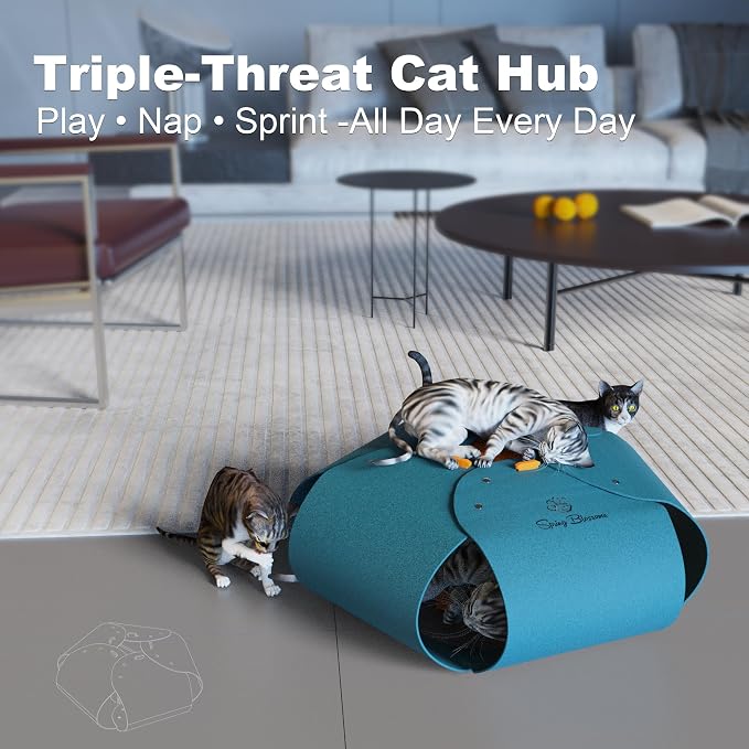 Cat Tunnel, Cat Cave for Indoor Cats Bed,Scratch Resistant Cat Toys for Medium Large Cats Hide and Seek Toy (Peacock Blue)