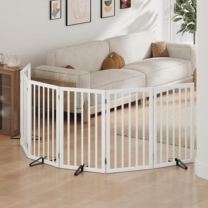 Dog Gates for Doorways, Tall Dog Gate Indoor, Foldable Pet Gates for Doorways Bedroom, Freestanding Puppy Gate with Metal Support Feet, Room Divider,6 Panels (White)