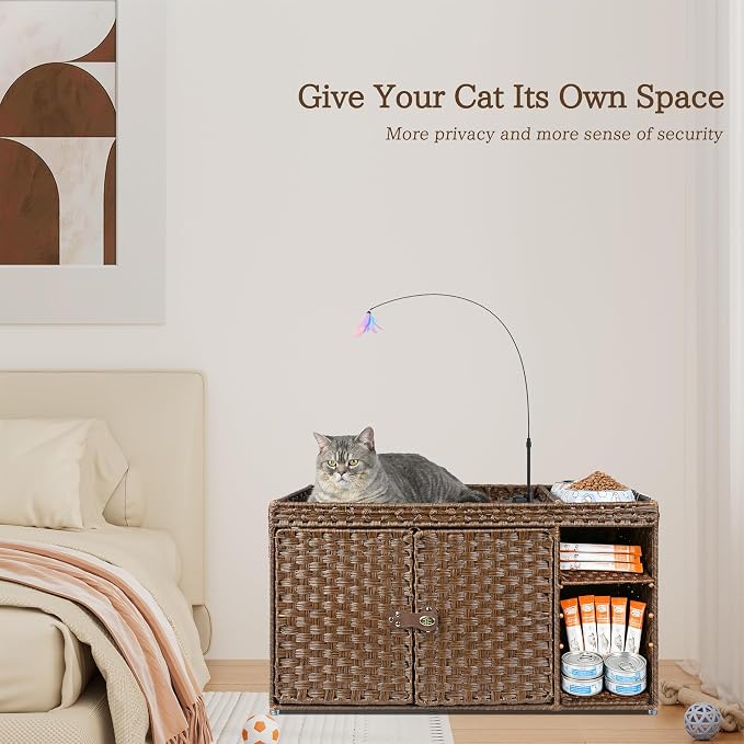 Aesthetic Cat Litter Box Enclosure, Handwoven Rattan Hidden Litter Box Furniture with Extra Mat and Fence, Large Space Litter Box Cover with Divider for Bedroom Living Room Balcony, Brown