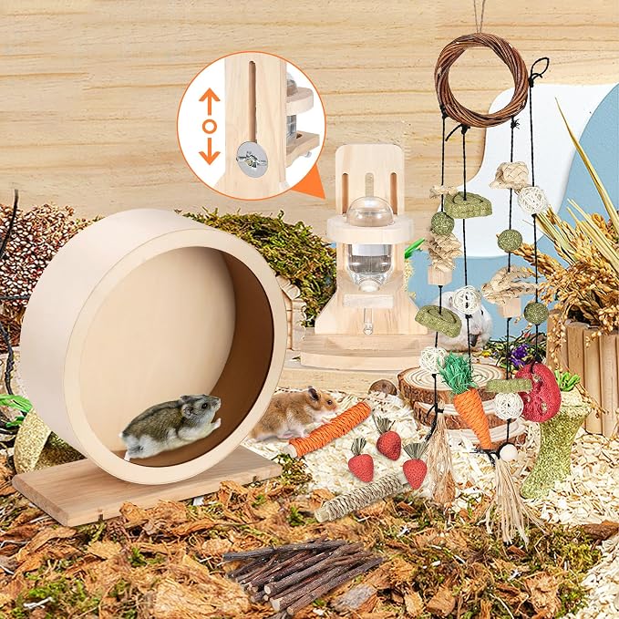antiai 9.8 Inch Wooden Hamster Exercise Wheel Set,Silent Wheel Quiet Spinner Hamster Running Wheels,Hamster Water Feeder Accessories Chew Toys for Hamsters, Gerbils, Mice and Other Small Pets,9 pcs