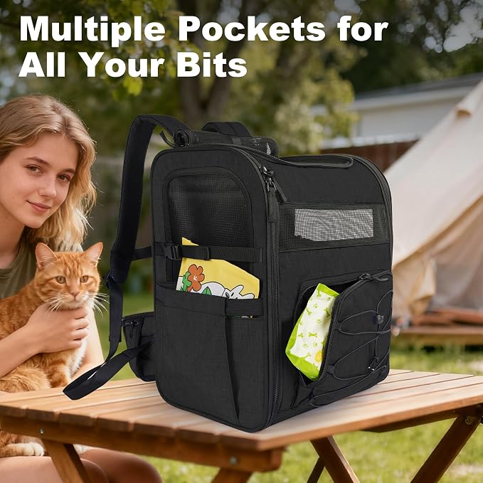 Dog Carrier Backpack for Small Dogs - Breathable Mesh Hiking Bag with Safety Buckle, Adjustable Straps and Elevated Pad - Durable for Hiking (Fits Small Cats Too, Up to 17lbs, Black)