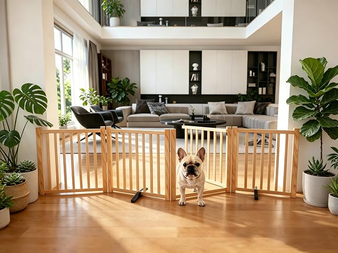 Wooden Dog Gate Indoor, 23" H Freestanding Dog Gates with Door Walk Through, No-Painted Foldable Puppy Fence, Doggy Barrier for Doorway, Stairs- 4 Panels