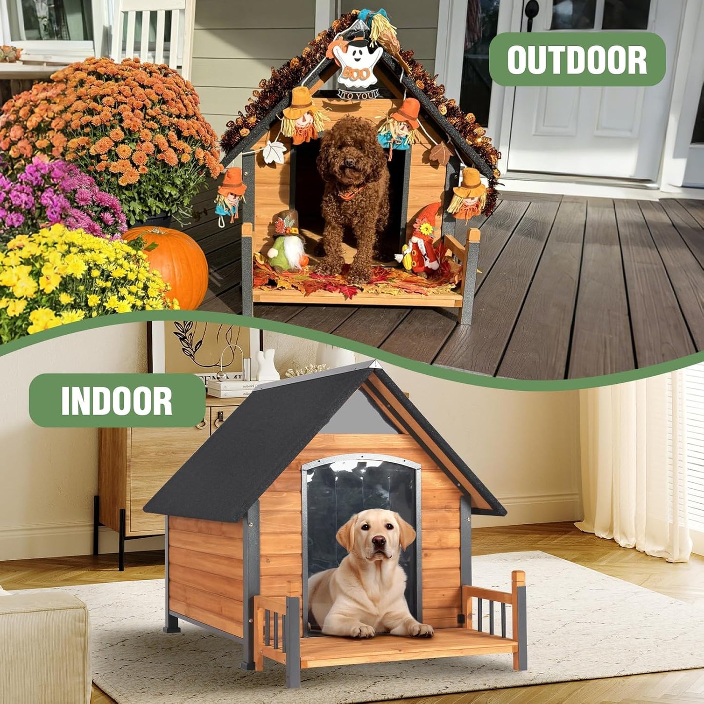 Large Dog House Outdoor Weatherproof Dog Kennel with Anti-Chewing Iron Frame, Dog Shelter for Large Breed with Porch (Brown, 50.9" D x 37.4" W x 37.2" H)