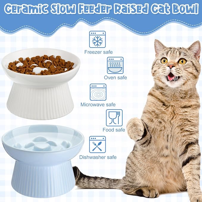 Tioncy 2 Pcs Raised Cat Slow Feeder Bowl Ceramic Elevated Cat Dog Food Bowl No Spill High Edge for Dry Wet Food and Water Easy to Clean, Dishwasher Safe (White,Blue)