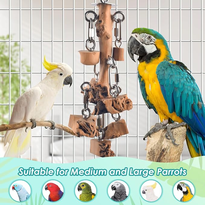 DBNESS Bird Toys for Parrot, Durable Stainless Steel Large Birds Chew Toy, Hanging Detachable Natural Hardwood Blocks for Medim to Large Eclectus, African Greys, Amazon Parrot, Cockatoo