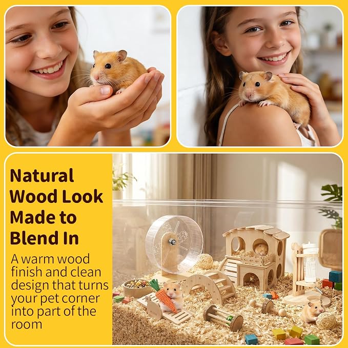 Hamster Cage Accessories Set ,Silent Exercise Wheel, Maze Wooden Hideout, Water Bottle with Holder, Chew Toys & Interactive Platform for Hamsters, Mice, Gerbils (All-in-One Habitat Enrichment Kit)