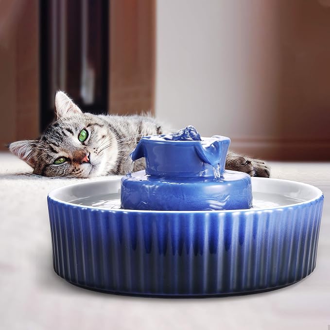 Ceramic Cat Water Fountain, 2.1L/71oz Cupcake Cat Fountain for Dog and Cat Indoor, 2 Ultra Quiet Pumps(Royal Blue)