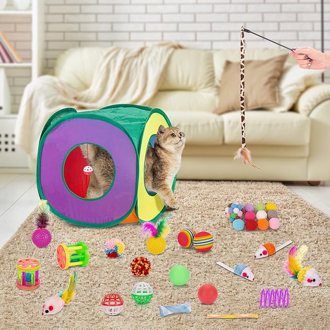 Retro Shaw 33 Pack Cat Toys for Indoor Cats, Collapsible Kitty Tunnel Tent with Feather Teaser Wand, Springs Balls Bell Mouse Interactive Kitten Hideaway Playhouse 15.7 Inches