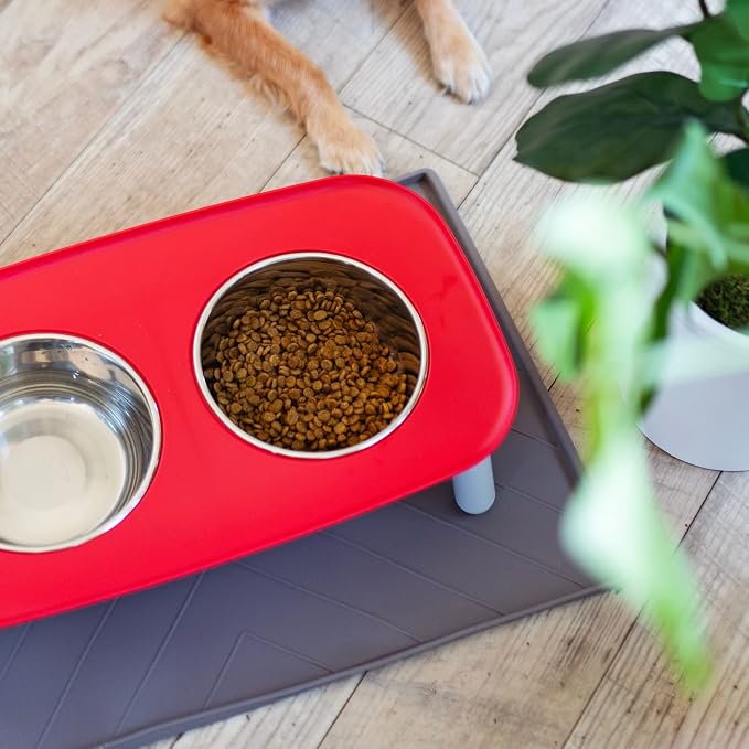 Messy Mutts Silicone Non-Slip Dog Bowl Mat with Raised Edge and Two Sides Reinforced with Metal Rods | Dog/Cat Bowl Mat with Spill-Proof Lip | Medium, 20” x 12” | Dark Grey