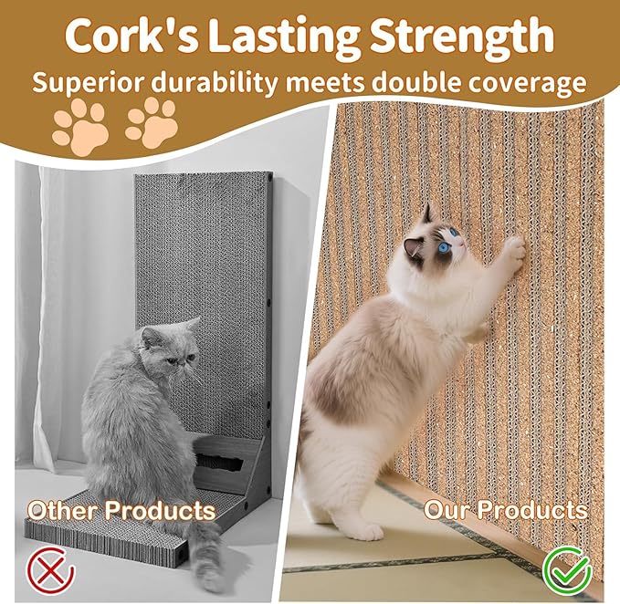 Natural Cork Cat Scratch Ardboard for Cats 2 Pack-Cat Scratcher Pads Indoor-Wall Cat Scratchers-Cat Scratcher Furniture Protector-Carpets Scratching Posts-Stretching-No Mess Splinters Easy Clean