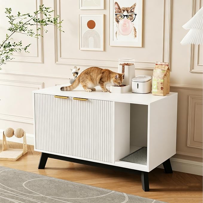 Garvee Cat Litter Box Enclosure, 39" Litter Box Enclosure Furniture Hidden Litter Box with Cat Litter Mat and Ventilated Holes, Modern Indoor Cat House, Side End Table for Living Room, White