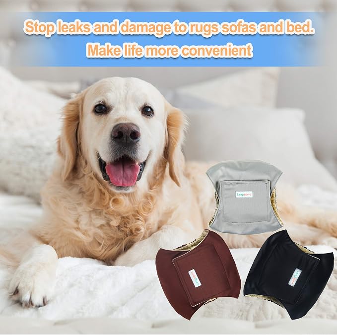 Langsprit Male Belly Bands for Dogs (Pack of 3) - High Absorbing Dog Wraps Male Washable - Reusable Dog Diapers (Black,Gray,Coffee, X-Large)