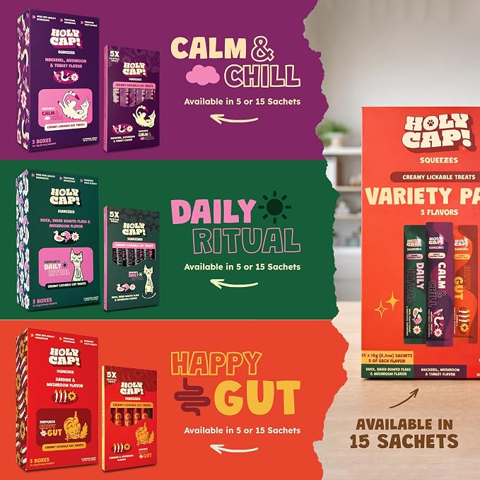 Variety Pack Grain-Free Lickable Cat Treats 15 Squeezable Purée Tubes (0.5 oz Each), Daily Ritual, Happy Gut & Calm & Chill Flavors, Creamy Cat Purée with Clean Ingredients