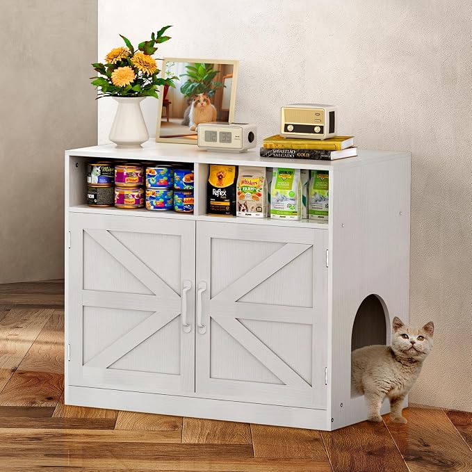 Hidden Cat Litter Cabinet,Ultra-Large Wooden Enclosed Litter Box Fumiture 2-Door Storage Cabinet 2 Open Drawers 1Air Vents Cat Litter Furniture Fit Most of Litter Box.(Whits, No Drawers)