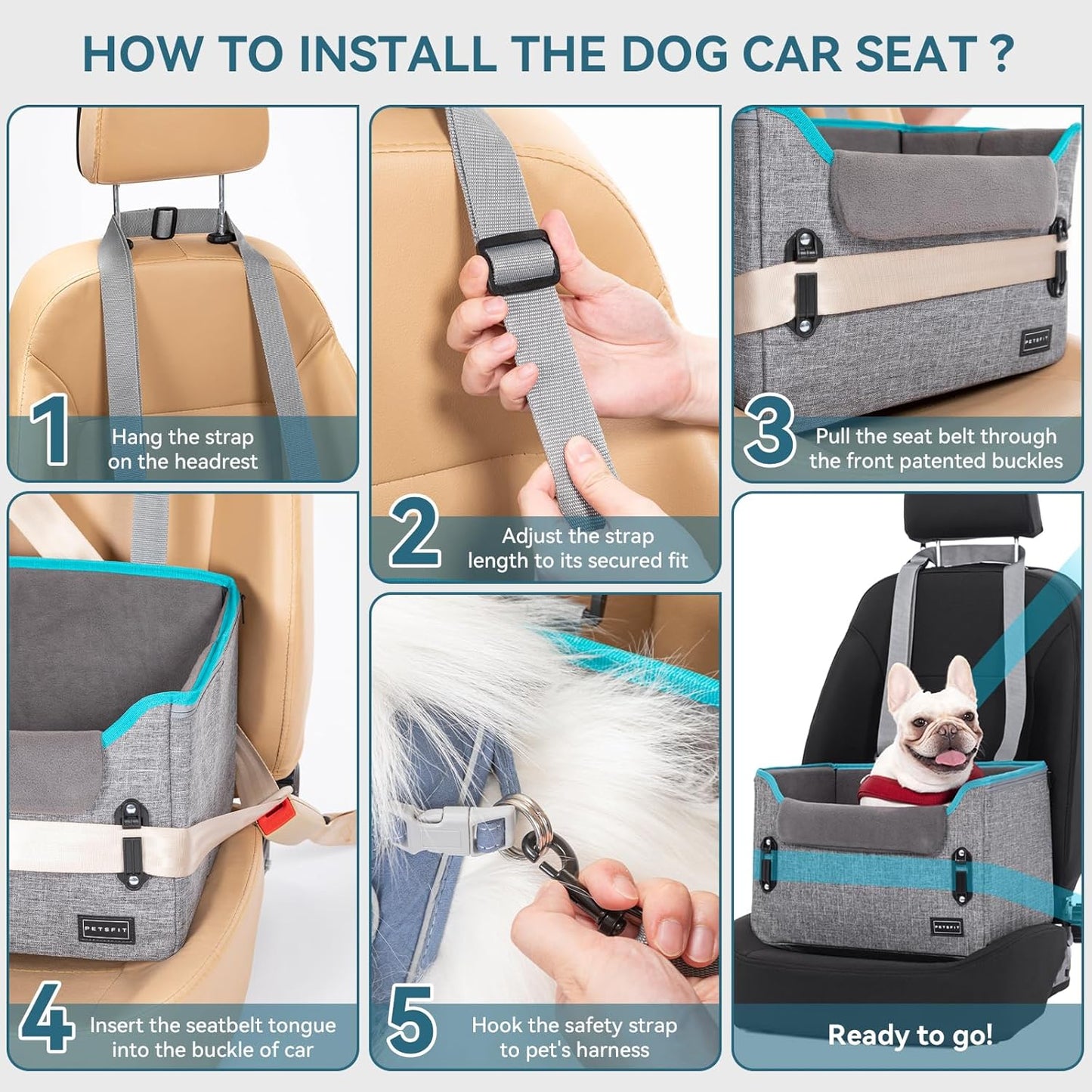 PETSFIT Dog Car Seats for Small Dogs, Patent Safety Buckles Dog Booster Car Seat, Dog Carseat with Safety Belt, Suitable for Small Pets Up to 25lbs (Grey)
