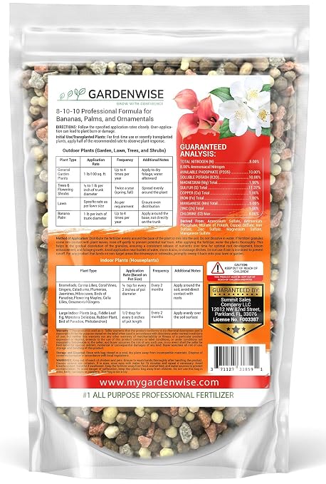 GARDENWISE Elite 8-10-10 Professional Fertilizer for Banana, Flowering, and Fruit Trees, Ornamentals - Boosts Flowering & Fruiting - for Indoor & Outdoor Plants (4 QUARTS)