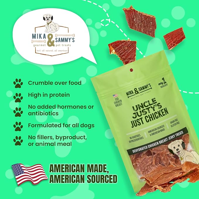 Mika & Sammy's Gourmet Jerky Dog Treats Made in the USA. (Uncle Justy's Just Chicken 5 0z)