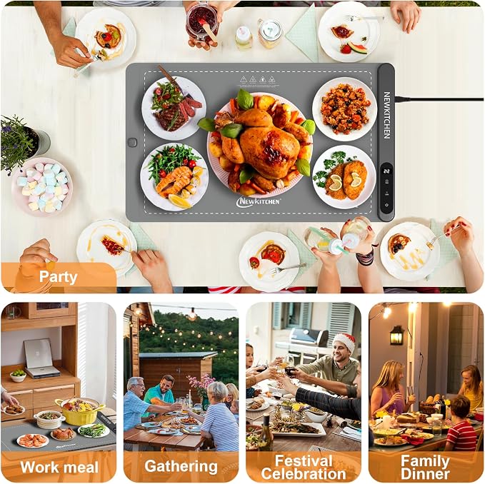 NEWKITCHEN Warming Mat for Food, (XL 24"x15") Food Warming Mat for Parties Buffet 6 Temp 6 Hour Settings Upgrade Graphene Fast Full Surface Heating -Versatile Food Warmer for Gatherings, Parties