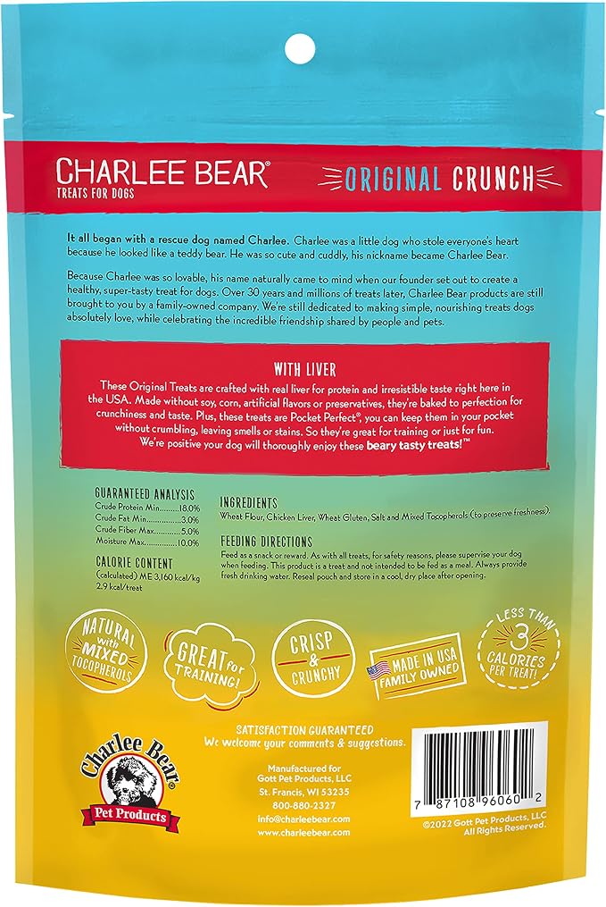 Charlee Bear Original Crunch Dog Training Treats, Liver Flavor, 3 Calories Each, Low Calorie Natural Rewards for Puppies to Adult Dogs, Made in USA, 6 oz (3-Pack)