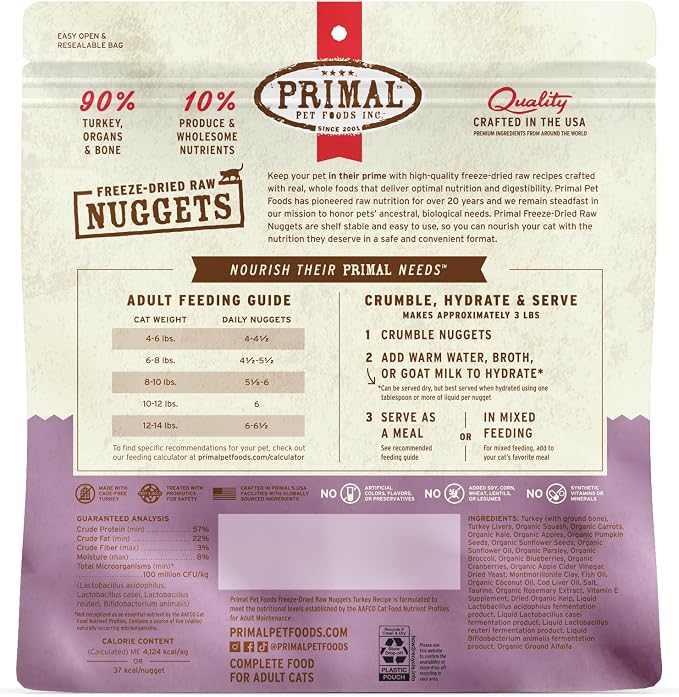 Primal Freeze Dried Raw Cat Food Nuggets Turkey, Complete & Balanced Meal or Topper, Premium, Healthy, Grain Free, High Protein Raw Cat Food with Probiotics (14 oz)