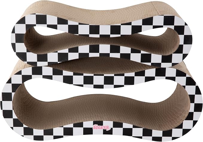 Suvi 26" Modern Cardboard Infinity 2-in-1 Lounge Bed Cat Scratcher with Catnip, Black/White Checker, Corrugated Scratching Surface and Tunnel CSR1014K