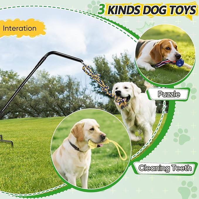 HVDI Tether Dog Toy Rack with 3 Tug Rope Toys, Dog Rope Play Spring Rack and Interactive in Yard, Park, Lawn, Adjustable Height Suitable for Large, Medium, Small Dogs (55 Inches)