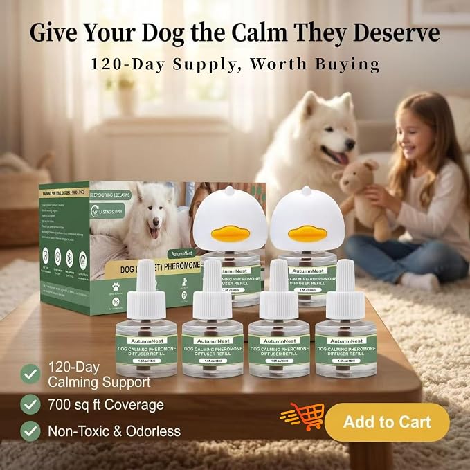 New Upgrade Dog Pheromone Calming Diffuser Kit, Calming Diffuser for Dog (2 Plug-Ins & 4 Refills) for Stress Support, Helps Reduce Barking & Aggression, 120-Day Supply (Non-Toxic, Safe & Inedible)