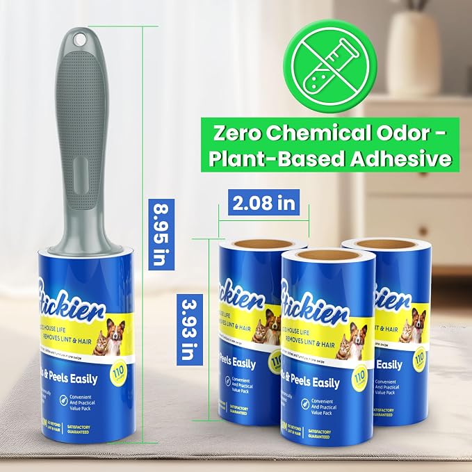 Lint Roller for Pet - Extra Sticky Hair Removal Roller 440 Pieces Value Pack Easy Tear & Quick Change Design Comes with 1 Upgraded Handle & 3 Roller Changes for Clothes & Dog & Cat Hair Removal