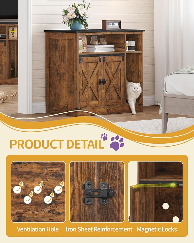 Hzuaneri Cat Litter Box Enclosure, Hidden Litter Box Furniture with Storage, Wooden Cat Cabinet with Scratch Pad, Farmhouse Cat Washroom, TV Stand End Table, Rustic Brown CB87501X