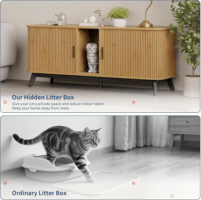 Garvee Cat Litter Box Enclosure for 2 Cats, 59" Hidden Litter Boxes Furniture with Sliding Door and Cat Litter Mat, Large Indoor Pet House, Wooden TV Stand Side Table, Natural Wood Color