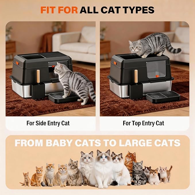 Extra Large Enclosed Stainless Steel Litter Box with Lid,Side Entry Top Exit High Sided Metal Cat Litter Pan,Non-Stick Easy Cleaning Anti-Urine Leakage for Big Cats,Includes Scoop & Step, Black
